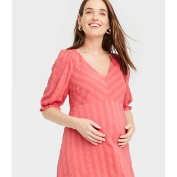 NEW The Nines by HATCH Elbow Sleeve Tonal Maternity Dress Tomato Red Striped - Picture 2 of 9